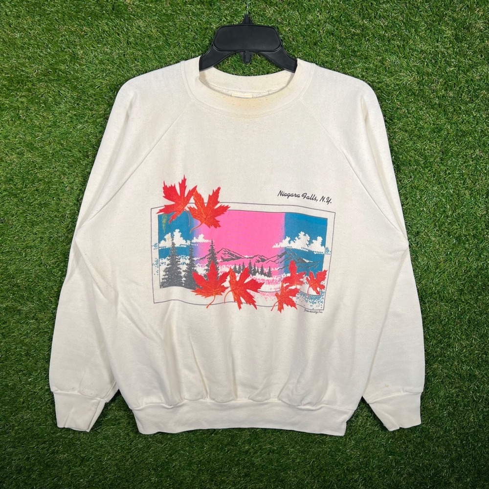Vintage Niagara Falls NY Sweatshirt Mens XL White Raglan Maple Leaf Made in USA